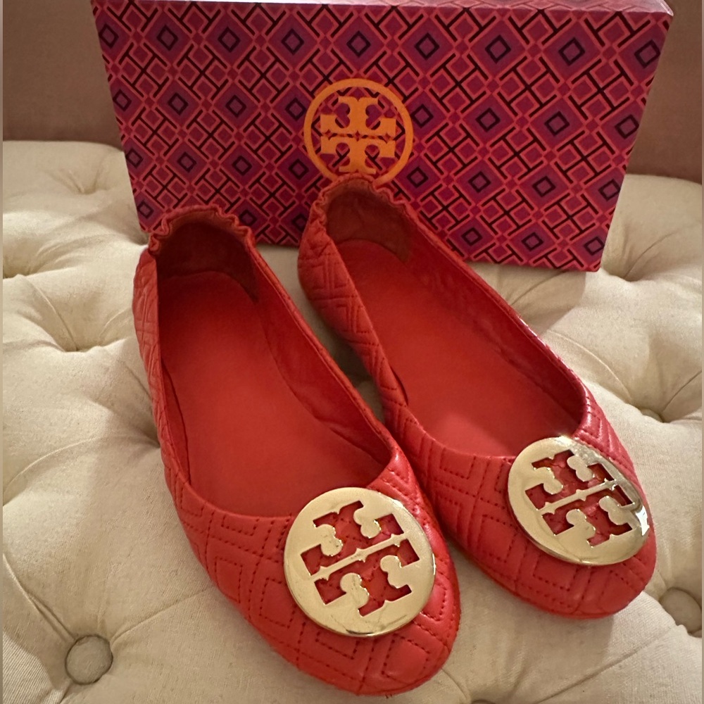 Tory Burch Minnie Quilted Travel Ballet Flat 7.5 Bright Samba/Gold